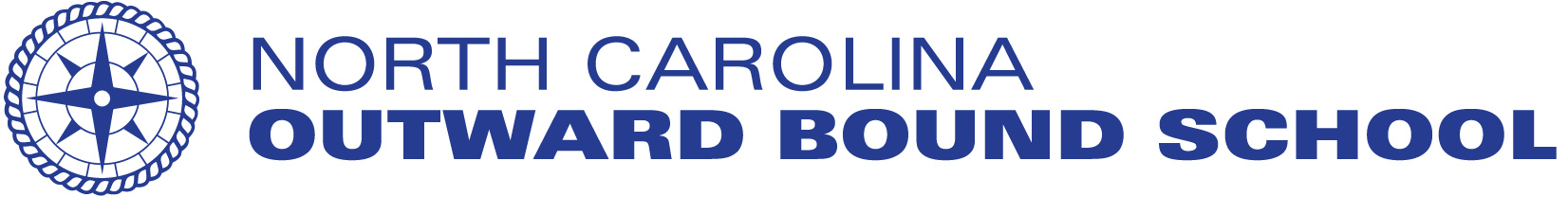 The image displays the logo of the North Carolina Outward Bound School. The logo features a circular design with a compass rose in the center, surrounded by text that reads "NORTH CAROLINA OUTWARD BOUND SCHOOL". The text and the circular design are in blue against a black background.